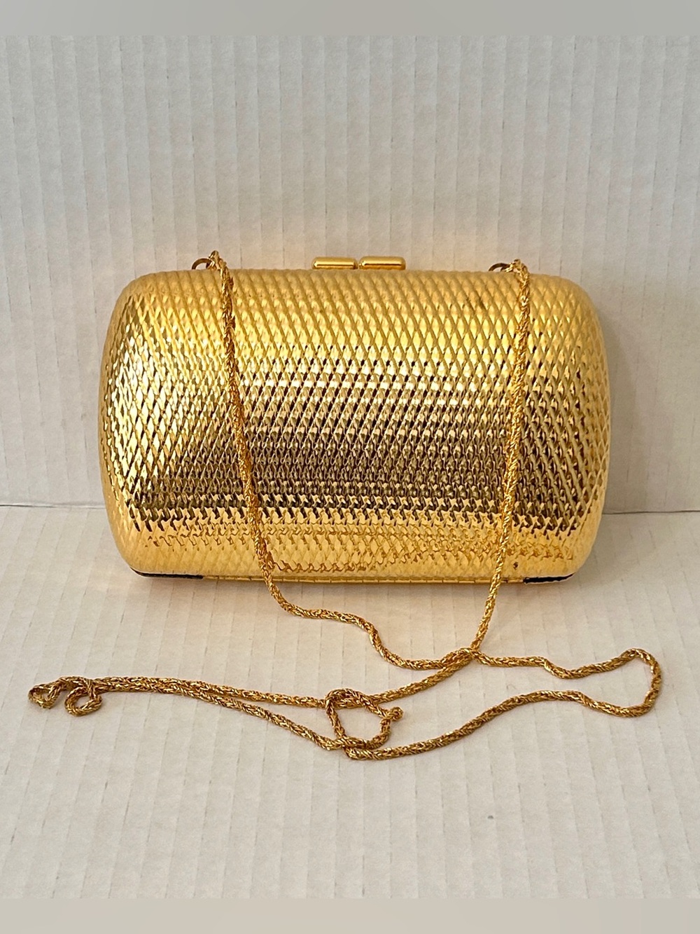 Sondra Roberts Gold Metallic Minaudiere Clutch Evening Bag Chain Strap